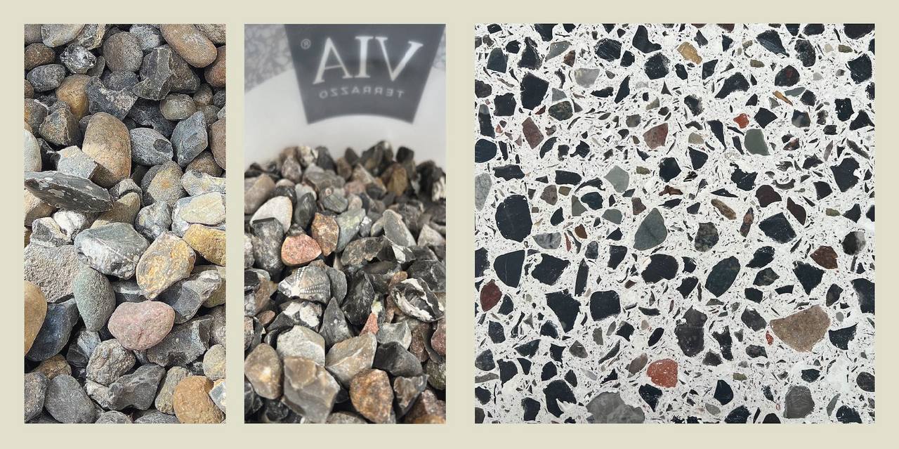 Bildstrecke Terrazzo-Sondermischung mit Kiesel und Feuerstein 