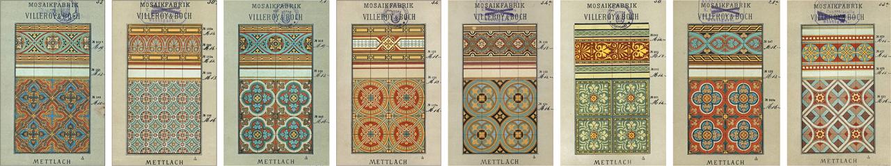 Zusammenstellung von grafischen Zeichnungen historischen Zementmosaikplatten 