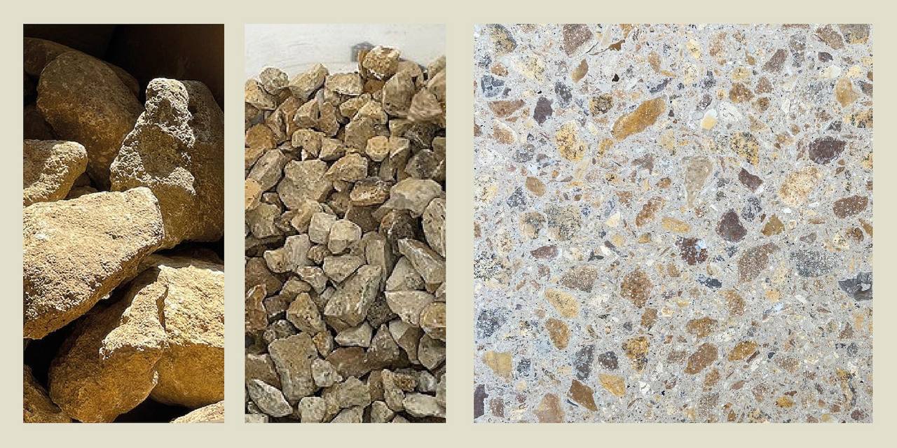 Bildstrecke von alten Kalksandsteinen zu einem Recycling-Terrazzo mit Kalksandsteinsplitt 