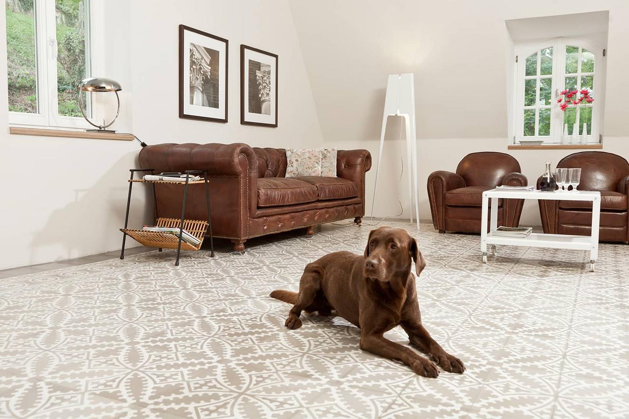 Zementfliesen im Wohnzimmer mit braunem Ledersofa und Hund 