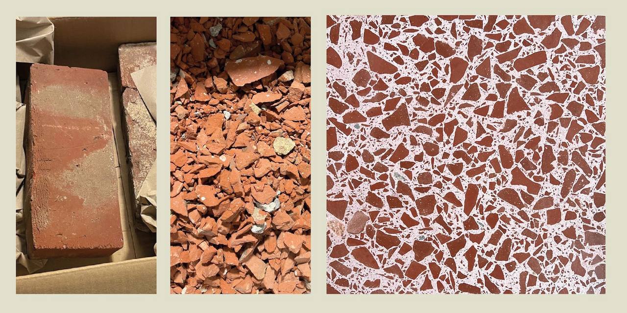 Bildstrecke von alten alten Backsteinen zu einem Recycling-Terrazzo mit Backsteinsplitt 