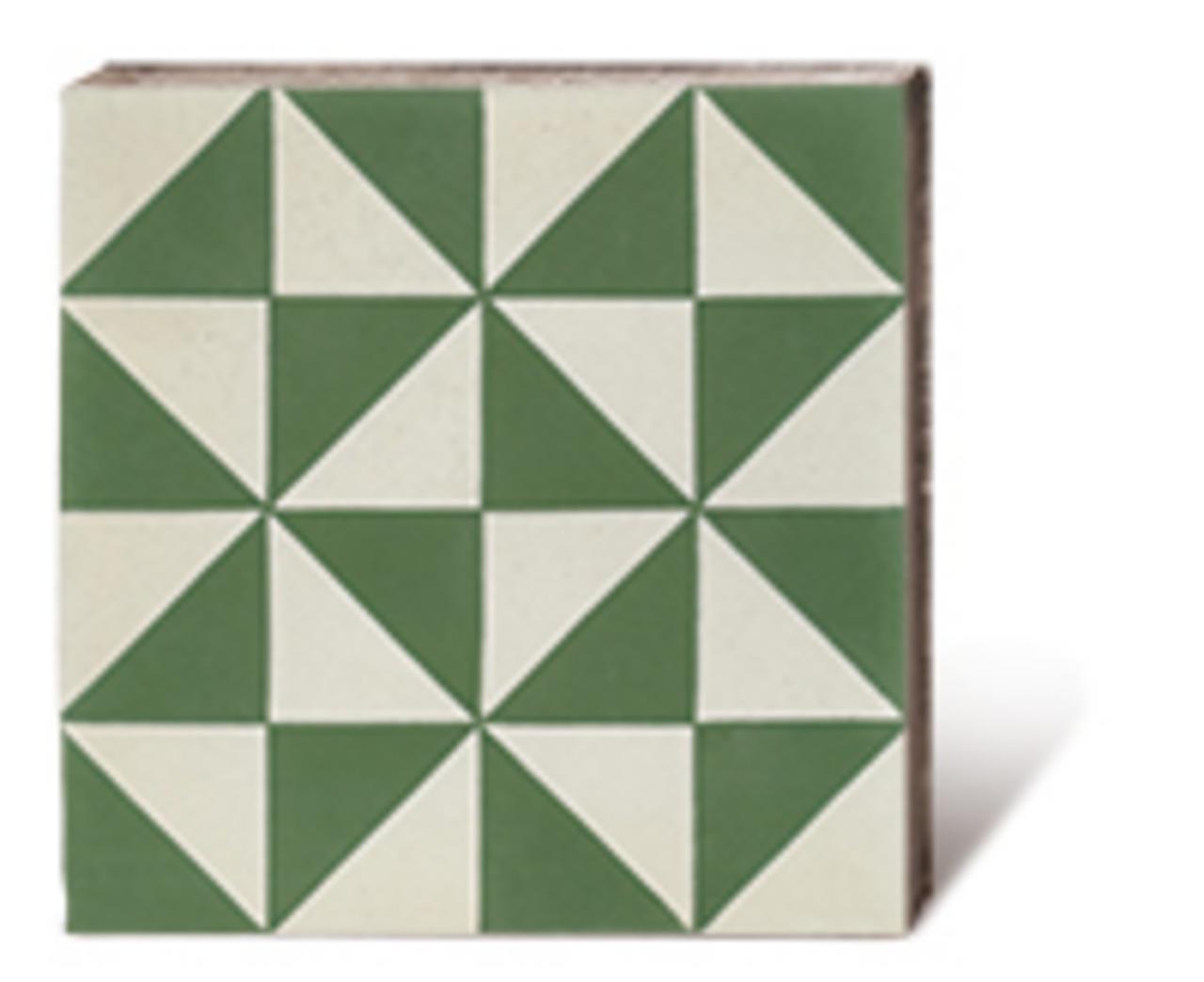 Zementmosaikplatte in graugrün, weiß Optik mit Dreiecksmuster