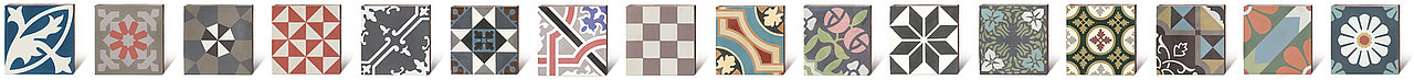 Bildzusammenstellung von Zementmosaikplatten mit historischen und modernen Mustern von VIA 