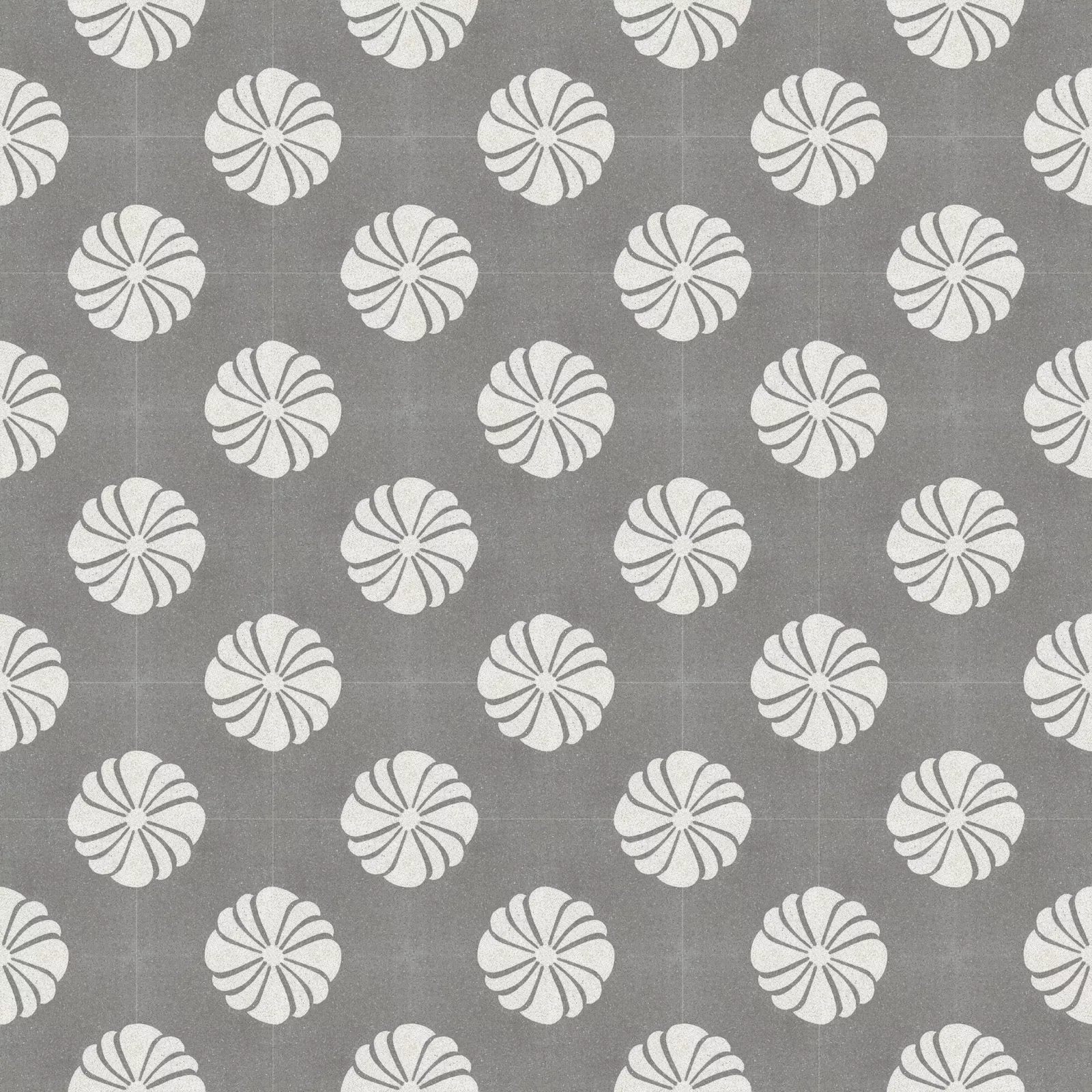 Terrazzoboden mit floralem Muster in weiß auf grauem Grund
