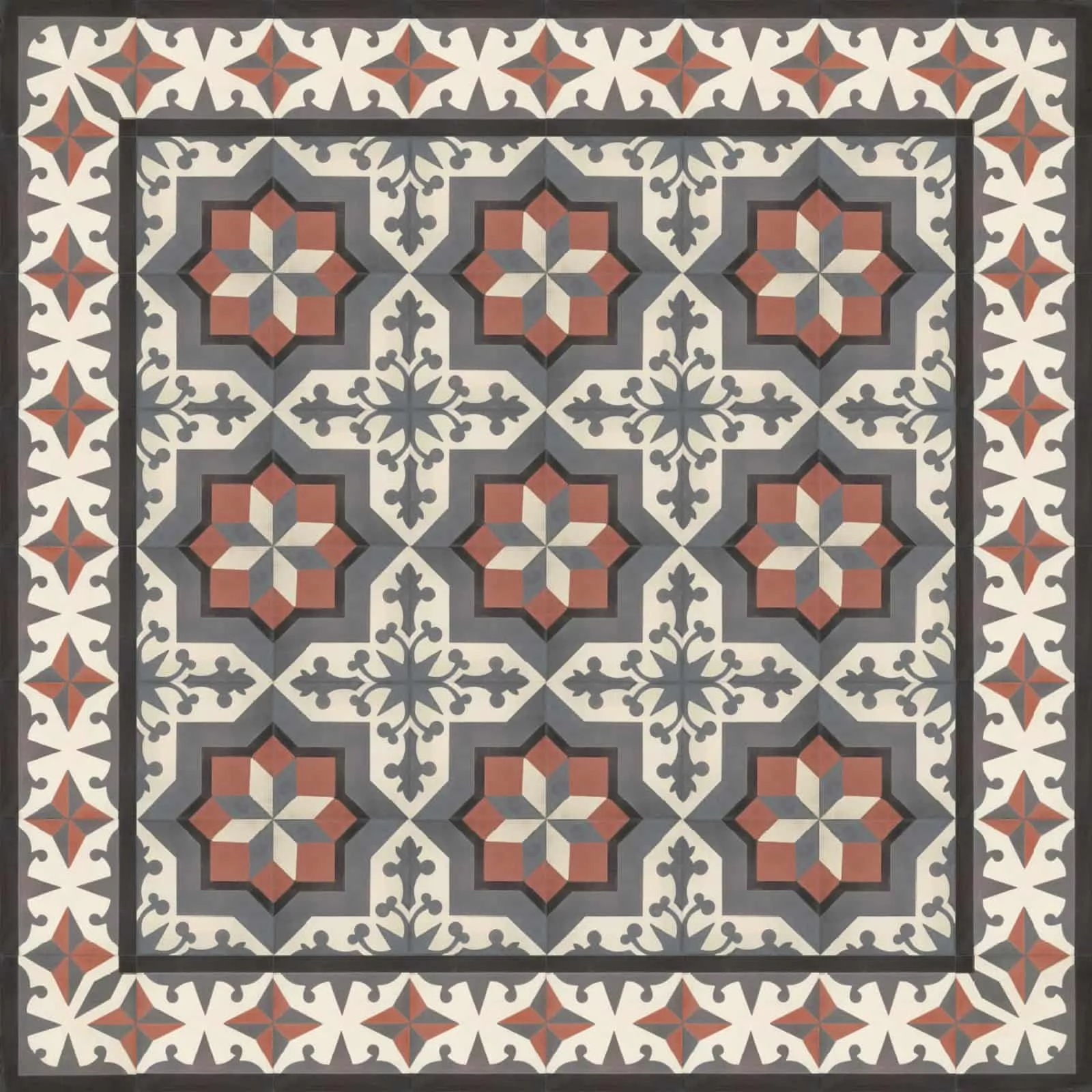 VIA Zementfliese mit Gründerzeitmuster in rot, weiss und schwarz