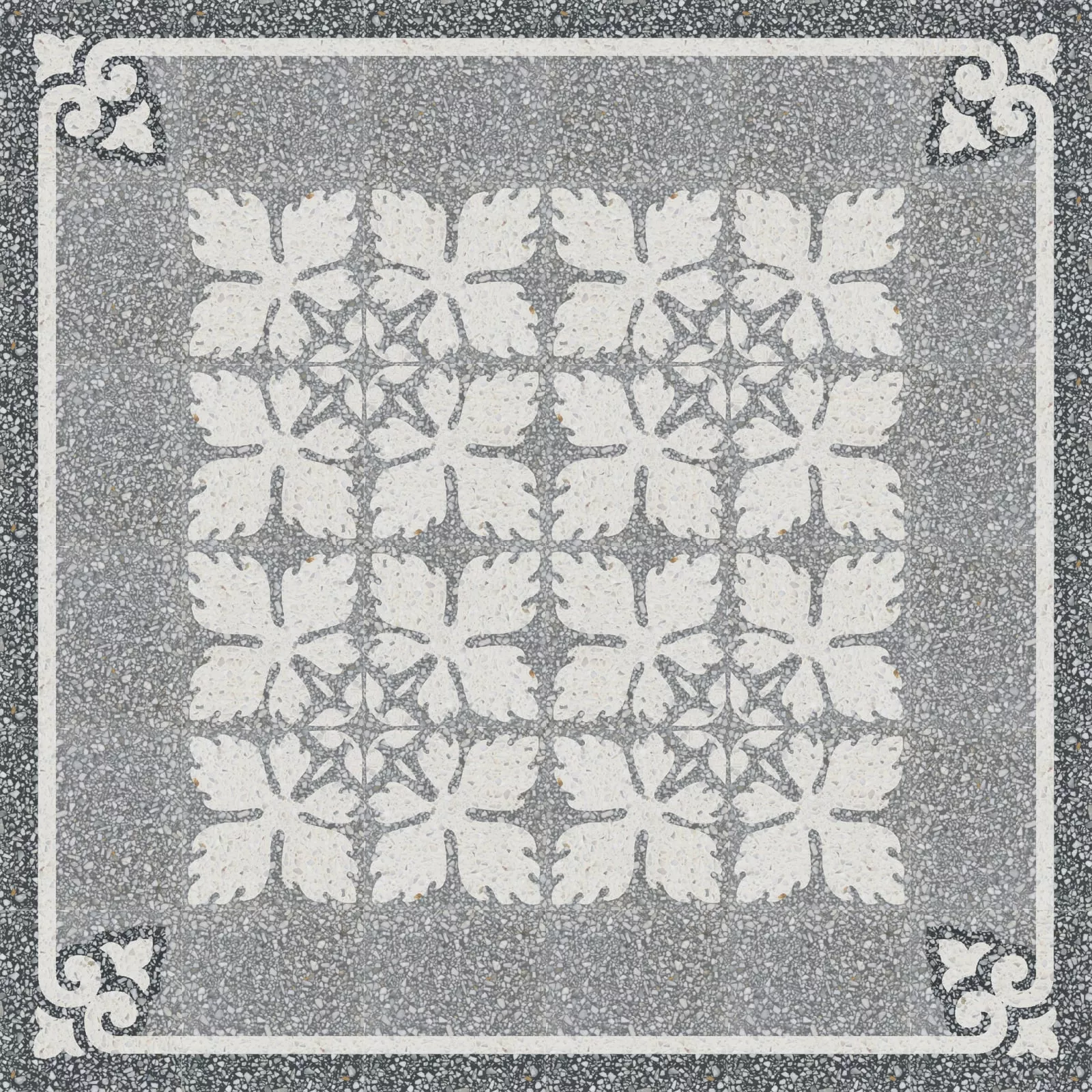 VIA Terrazzoplatte grob in grau und weiß Muster aus Blättern